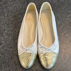 Stuart Weitzman Gold and White Loafers with Woven Texture